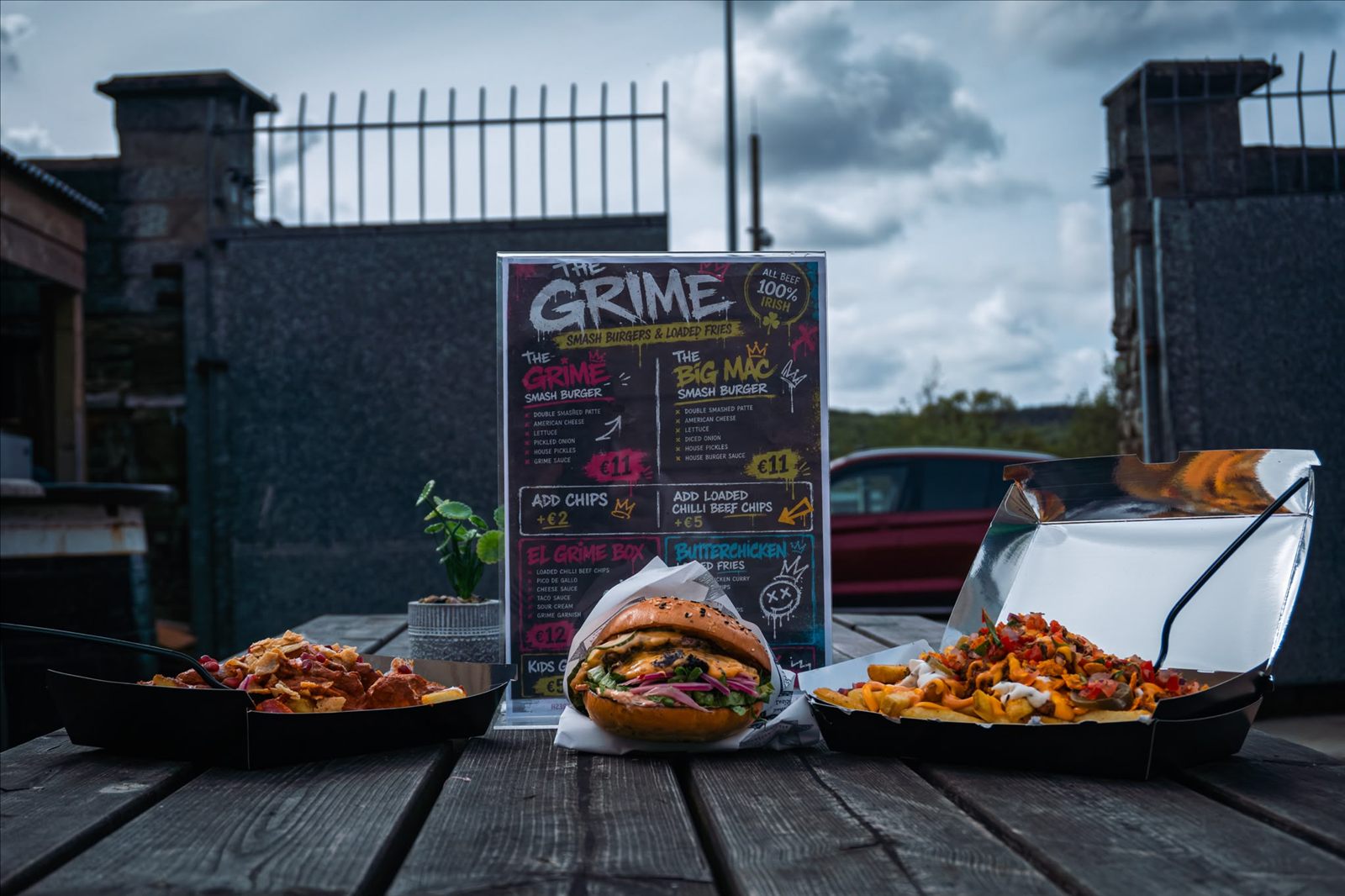 Grime burger and loaded fries at The Diamond in Carndonagh